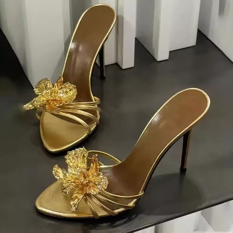 Gold Flower Decor High Heels Slippers Vintage Black Leather 2025 Summer New in Sexy Women's Sandals Luxury Designer Party Shoes