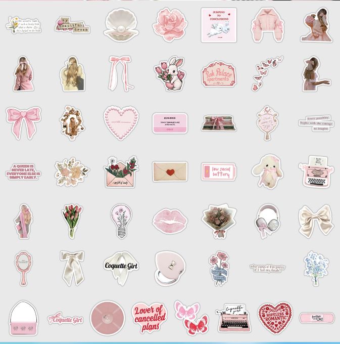 50pcs Cute Pink Coquette Aesthetic Stickers Kawaii INS Style Girl Sticker Decoration Luggage Phone Laptop Graffiti Decals H-37