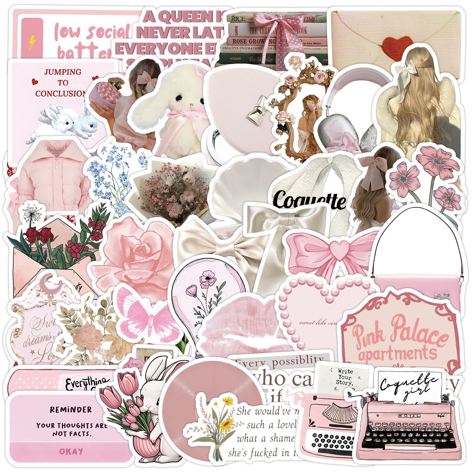 50pcs Cute Pink Coquette Aesthetic Stickers Kawaii INS Style Girl Sticker Decoration Luggage Phone Laptop Graffiti Decals H-37