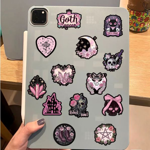 50PCS Black Pink Gothic Horror Stickers Halloween Magic Witch Cartoon Decals for Kids Notebook Laptop Fridge Waterproof Sticker C-684