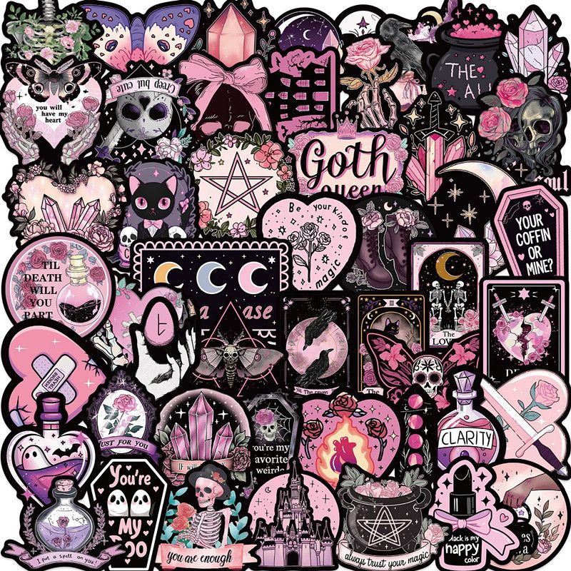50PCS Black Pink Gothic Horror Stickers Halloween Magic Witch Cartoon Decals for Kids Notebook Laptop Fridge Waterproof Sticker C-684