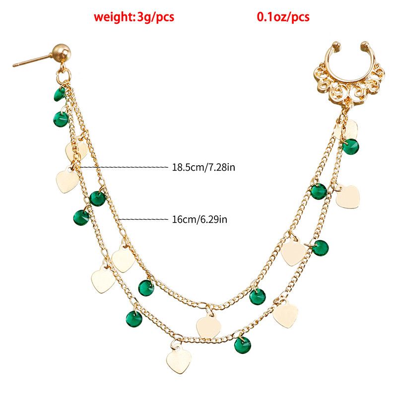 Ethnic Style Green Imitation Crystal Tassel Earrings and Nose Rings, Sweet and Cool Heart-Shaped Piercing Nose Clips for Women A-2167