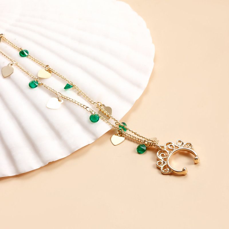 Ethnic Style Green Imitation Crystal Tassel Earrings and Nose Rings, Sweet and Cool Heart-Shaped Piercing Nose Clips for Women A-2167