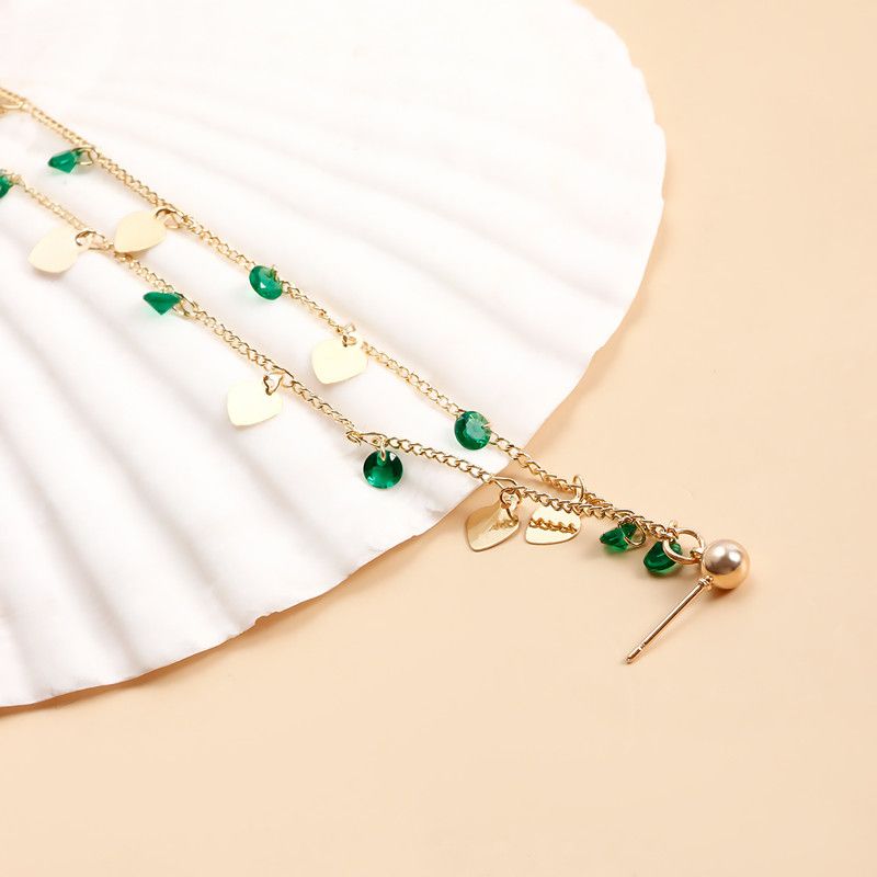 Ethnic Style Green Imitation Crystal Tassel Earrings and Nose Rings, Sweet and Cool Heart-Shaped Piercing Nose Clips for Women A-2167