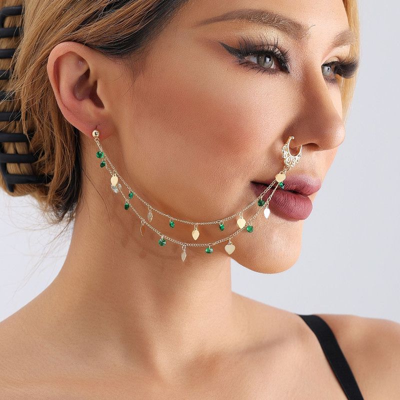 Ethnic Style Green Imitation Crystal Tassel Earrings and Nose Rings, Sweet and Cool Heart-Shaped Piercing Nose Clips for Women A-2167