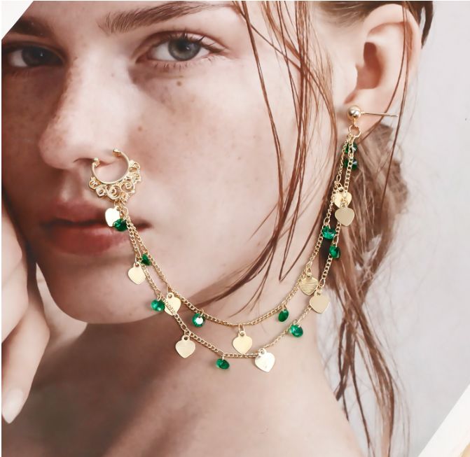 Ethnic Style Green Imitation Crystal Tassel Earrings and Nose Rings, Sweet and Cool Heart-Shaped Piercing Nose Clips for Women A-2167