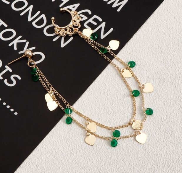 Ethnic Style Green Imitation Crystal Tassel Earrings and Nose Rings, Sweet and Cool Heart-Shaped Piercing Nose Clips for Women A-2167