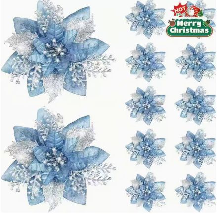 10Pcs Glitter Artifical Flowers 14CM Fake Flowers Christmas Decoration Xmas Tree Ornament New Year Navidad 2025 Gift Accessory