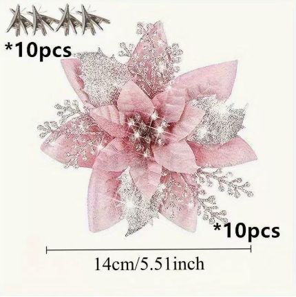 10Pcs Glitter Artifical Flowers 14CM Fake Flowers Christmas Decoration Xmas Tree Ornament New Year Navidad 2025 Gift Accessory