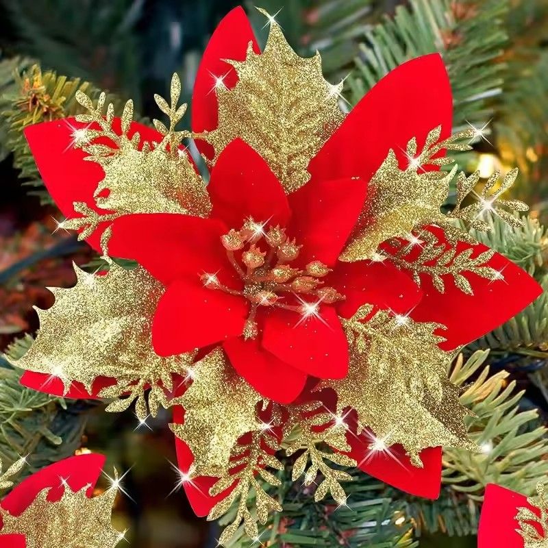 10Pcs Glitter Artifical Flowers 14CM Fake Flowers Christmas Decoration Xmas Tree Ornament New Year Navidad 2025 Gift Accessory