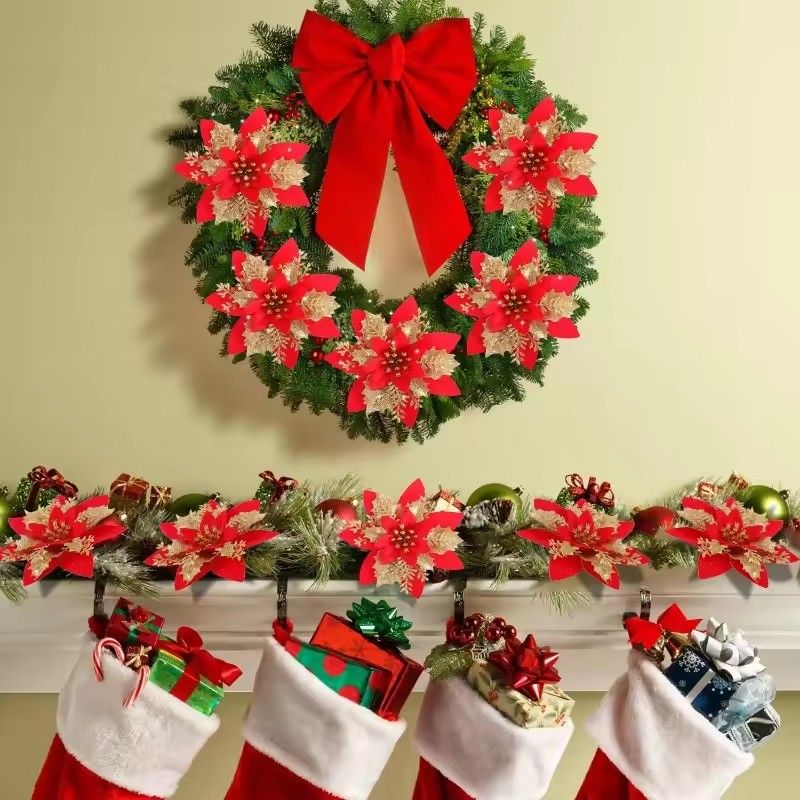 10Pcs Glitter Artifical Flowers 14CM Fake Flowers Christmas Decoration Xmas Tree Ornament New Year Navidad 2025 Gift Accessory