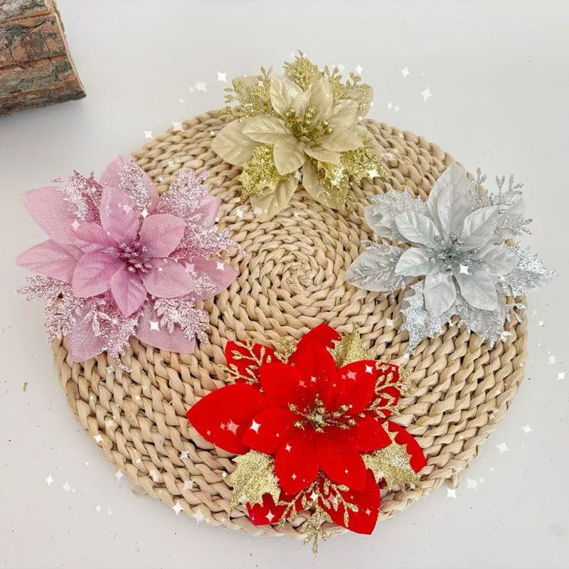 10Pcs Glitter Artifical Flowers 14CM Fake Flowers Christmas Decoration Xmas Tree Ornament New Year Navidad 2025 Gift Accessory
