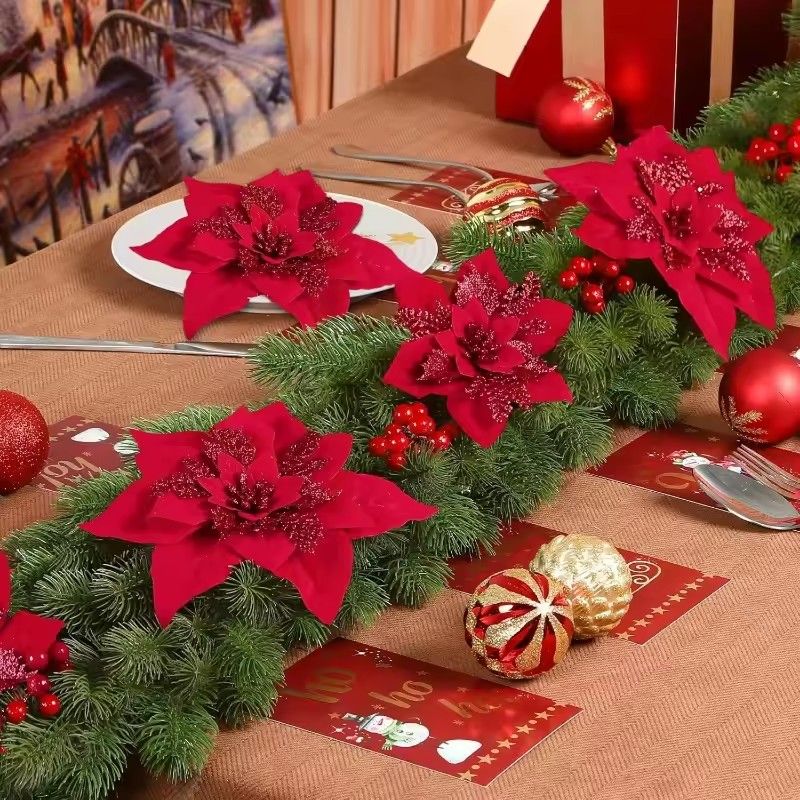 10Pcs Glitter Artifical Flowers 14CM Fake Flowers Christmas Decoration Xmas Tree Ornament New Year Navidad 2025 Gift Accessory