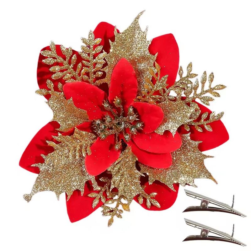 10Pcs Glitter Artifical Flowers 14CM Fake Flowers Christmas Decoration Xmas Tree Ornament New Year Navidad 2025 Gift Accessory