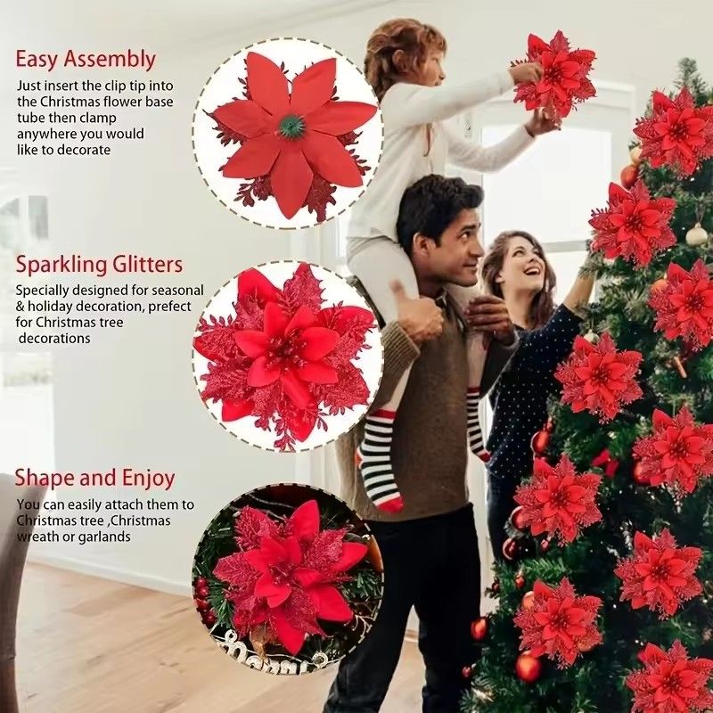 10Pcs Glitter Artifical Flowers 14CM Fake Flowers Christmas Decoration Xmas Tree Ornament New Year Navidad 2025 Gift Accessory