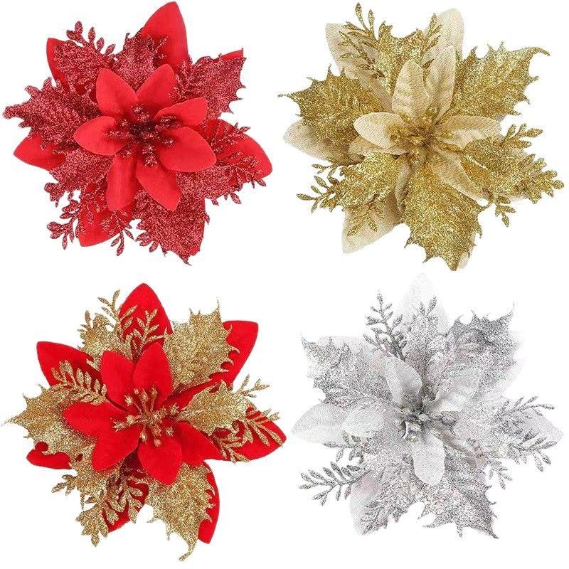 10Pcs Glitter Artifical Flowers 14CM Fake Flowers Christmas Decoration Xmas Tree Ornament New Year Navidad 2025 Gift Accessory