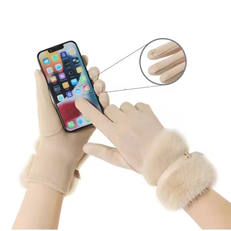 Autumn Winter Thin Women Suede Hairy Wrist Leather Buckle Gloves Keep Warm Touch Screen Not Bloated Elasticity Windproof Drive