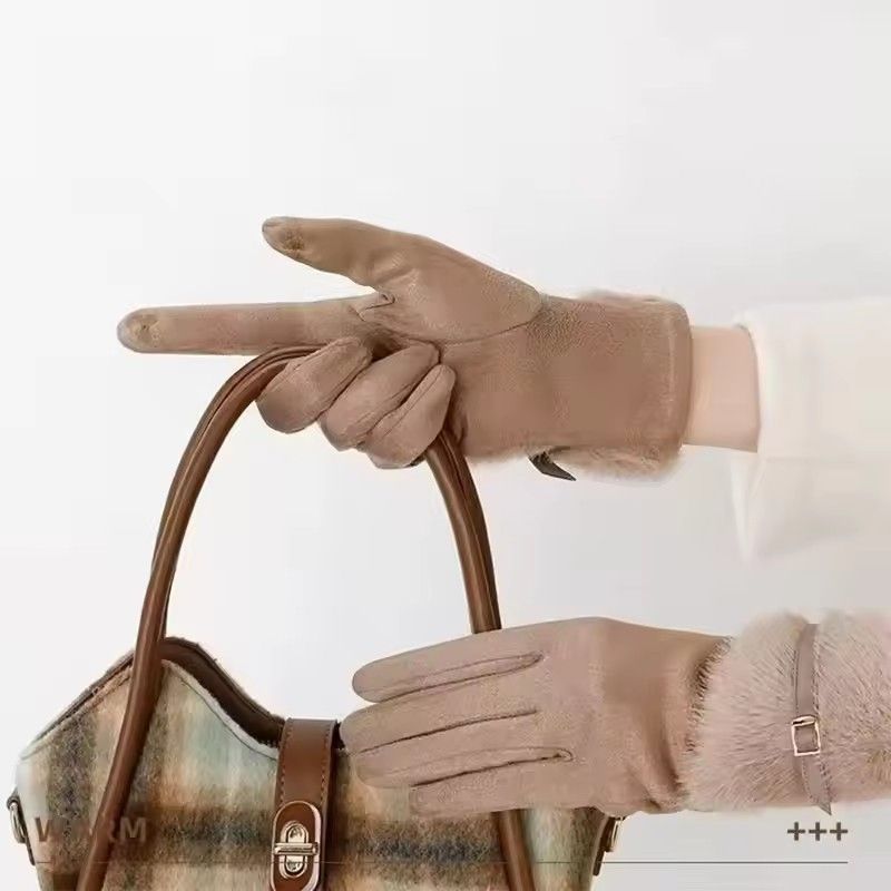 Autumn Winter Thin Women Suede Hairy Wrist Leather Buckle Gloves Keep Warm Touch Screen Not Bloated Elasticity Windproof Drive