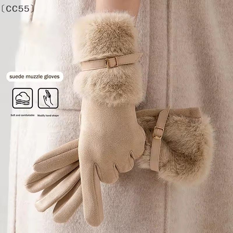 Autumn Winter Thin Women Suede Hairy Wrist Leather Buckle Gloves Keep Warm Touch Screen Not Bloated Elasticity Windproof Drive