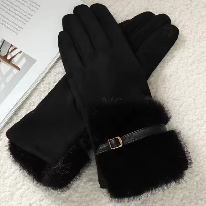 Autumn Winter Thin Women Suede Hairy Wrist Leather Buckle Gloves Keep Warm Touch Screen Not Bloated Elasticity Windproof Drive