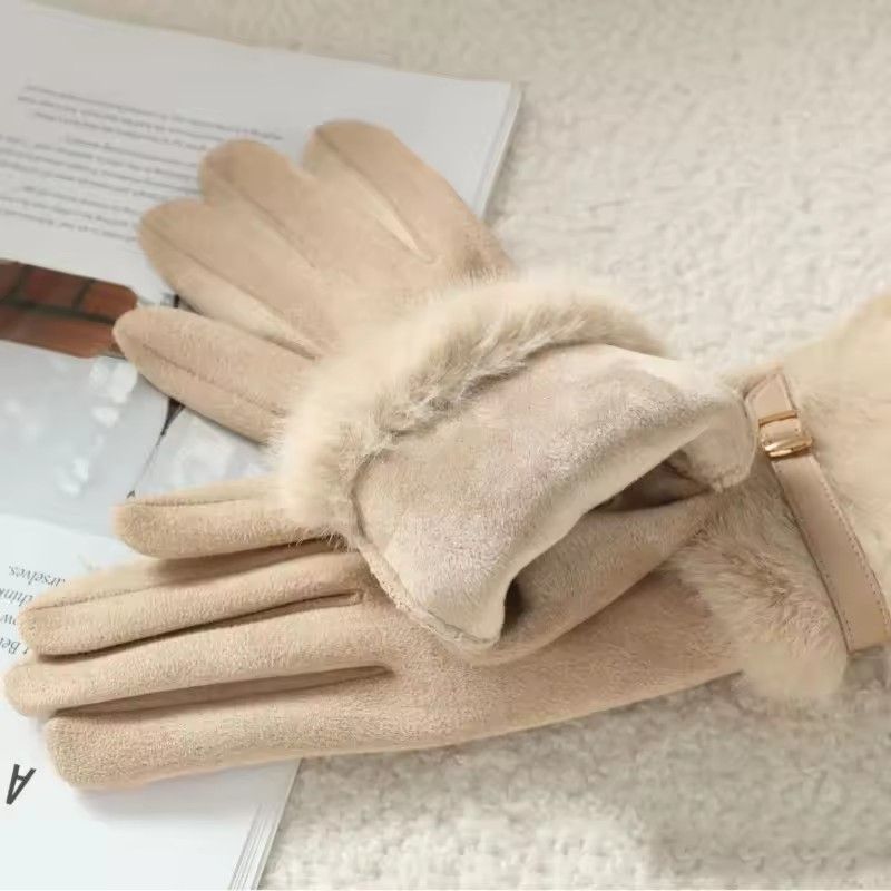 Autumn Winter Thin Women Suede Hairy Wrist Leather Buckle Gloves Keep Warm Touch Screen Not Bloated Elasticity Windproof Drive