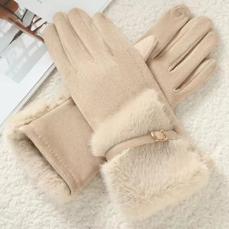 Autumn Winter Thin Women Suede Hairy Wrist Leather Buckle Gloves Keep Warm Touch Screen Not Bloated Elasticity Windproof Drive
