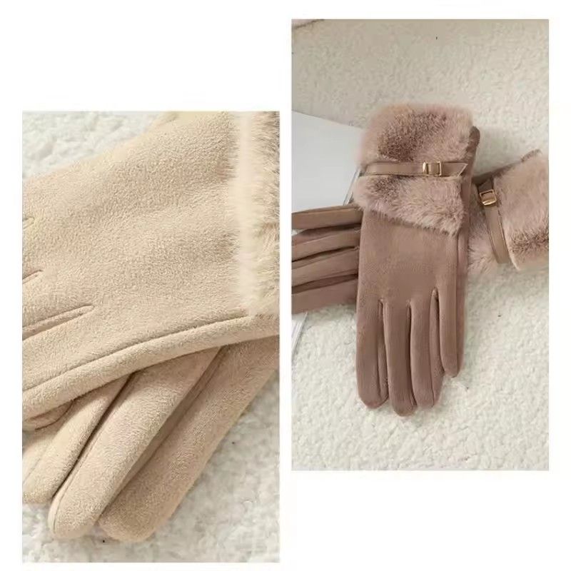 Autumn Winter Thin Women Suede Hairy Wrist Leather Buckle Gloves Keep Warm Touch Screen Not Bloated Elasticity Windproof Drive