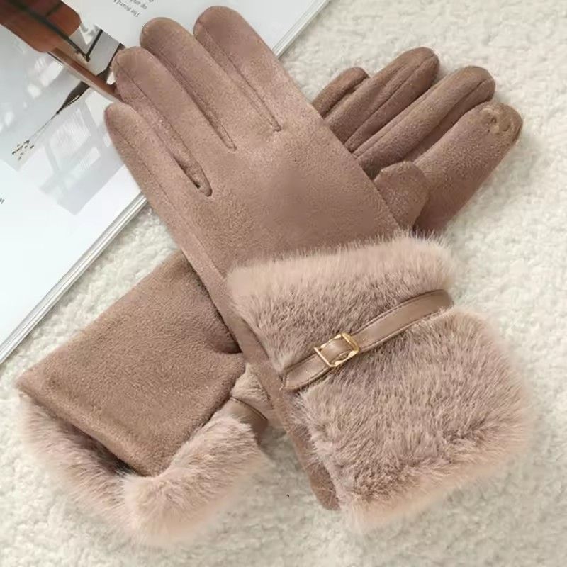 Autumn Winter Thin Women Suede Hairy Wrist Leather Buckle Gloves Keep Warm Touch Screen Not Bloated Elasticity Windproof Drive