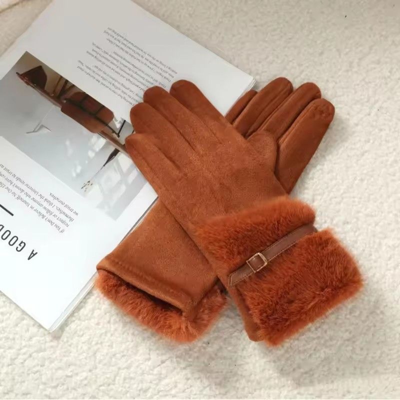 Autumn Winter Thin Women Suede Hairy Wrist Leather Buckle Gloves Keep Warm Touch Screen Not Bloated Elasticity Windproof Drive