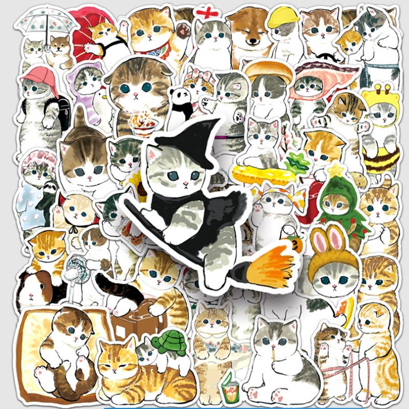 50pcs Cartoon Cute Cat Doodle Computer Water Cup Table Suitcase Children Creative Decoration Waterproof Sticker Holiday Gift