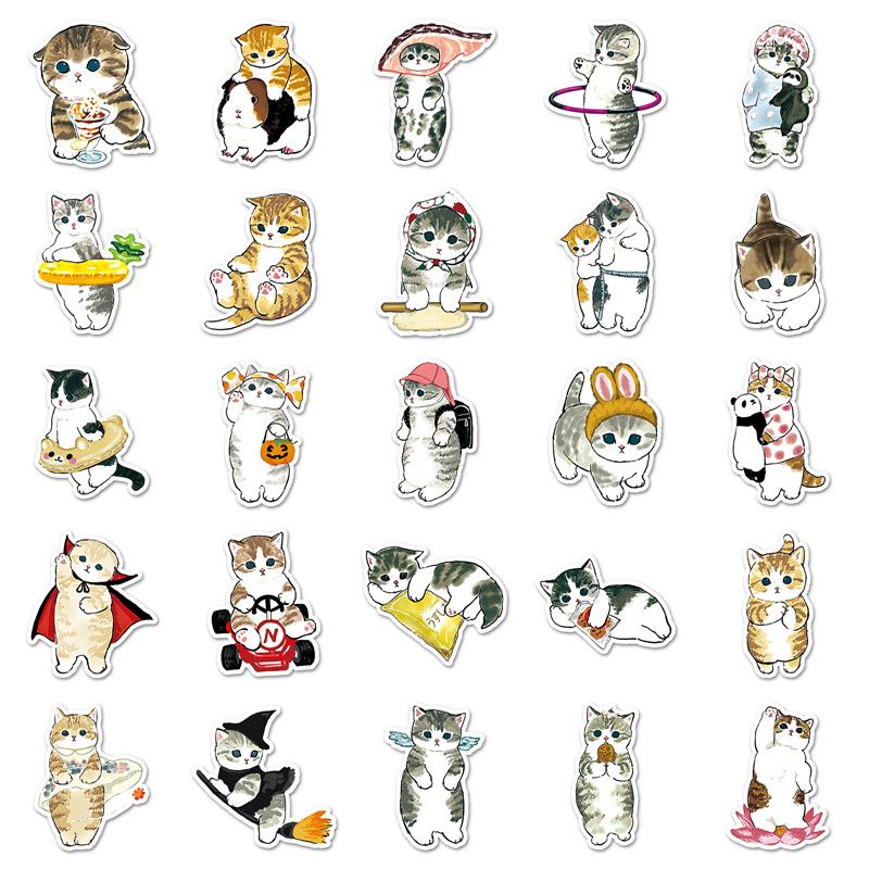 50pcs Cartoon Cute Cat Doodle Computer Water Cup Table Suitcase Children Creative Decoration Waterproof Sticker Holiday Gift