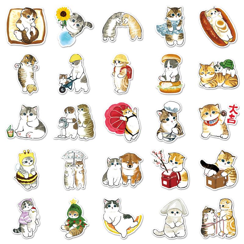 50pcs Cartoon Cute Cat Doodle Computer Water Cup Table Suitcase Children Creative Decoration Waterproof Sticker Holiday Gift