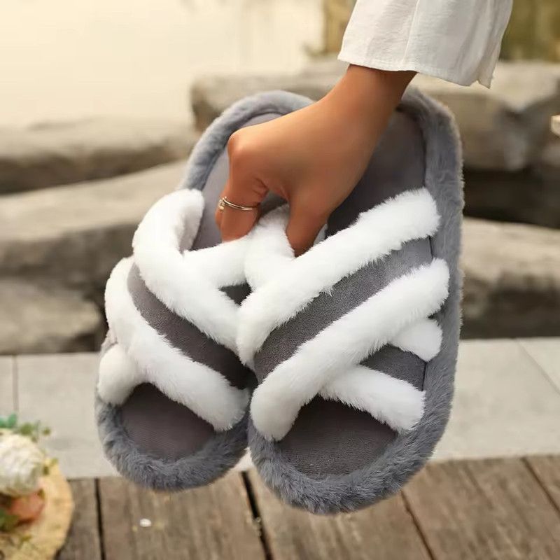 2026 New Furry Slippers Home Women's Fluffy Slides Autumn Winter Indoor Fashion EVA Light Cross Flip Flops Soft Flat Shoes Woman