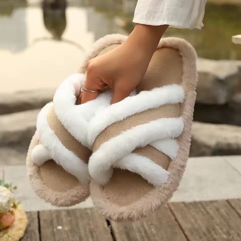 2026 New Furry Slippers Home Women's Fluffy Slides Autumn Winter Indoor Fashion EVA Light Cross Flip Flops Soft Flat Shoes Woman