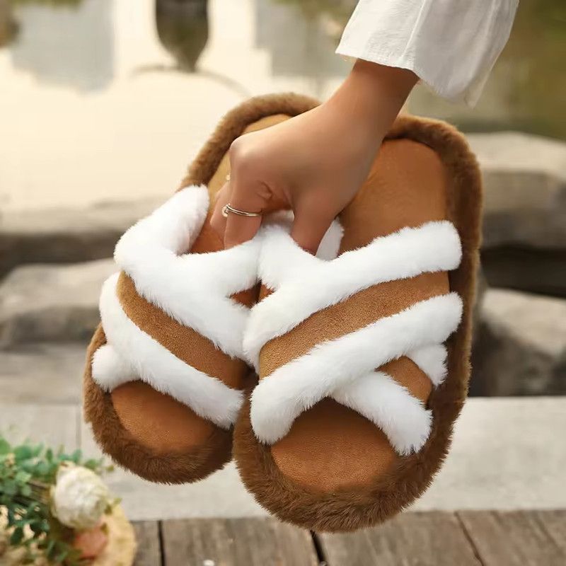 2026 New Furry Slippers Home Women's Fluffy Slides Autumn Winter Indoor Fashion EVA Light Cross Flip Flops Soft Flat Shoes Woman