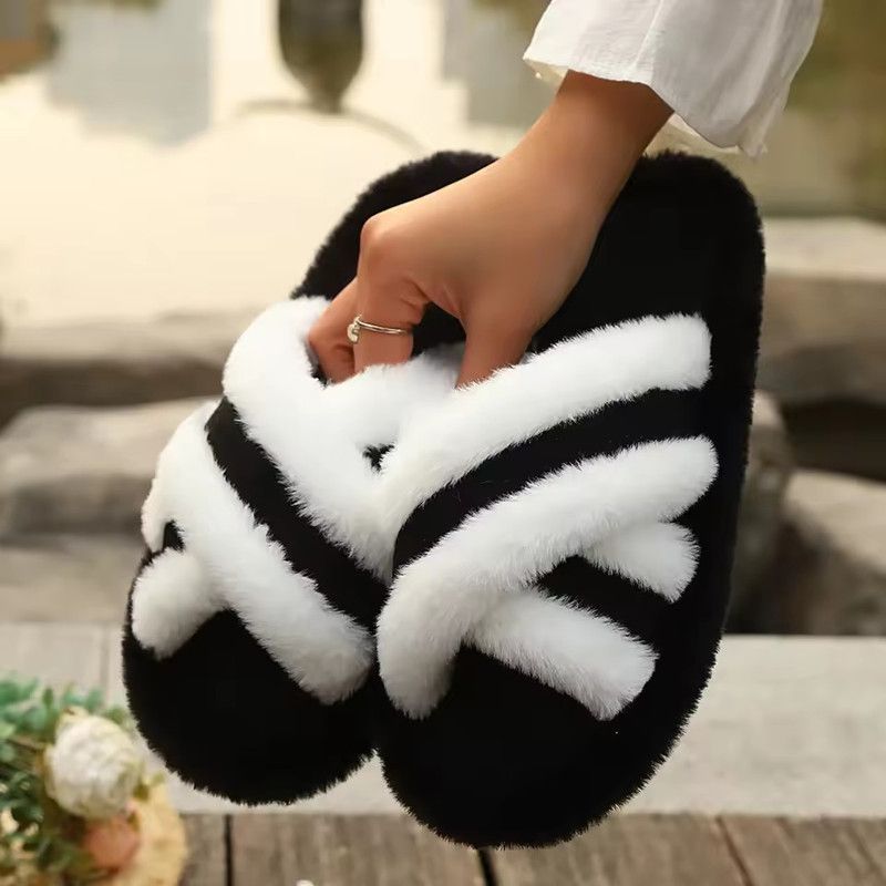 2026 New Furry Slippers Home Women's Fluffy Slides Autumn Winter Indoor Fashion EVA Light Cross Flip Flops Soft Flat Shoes Woman