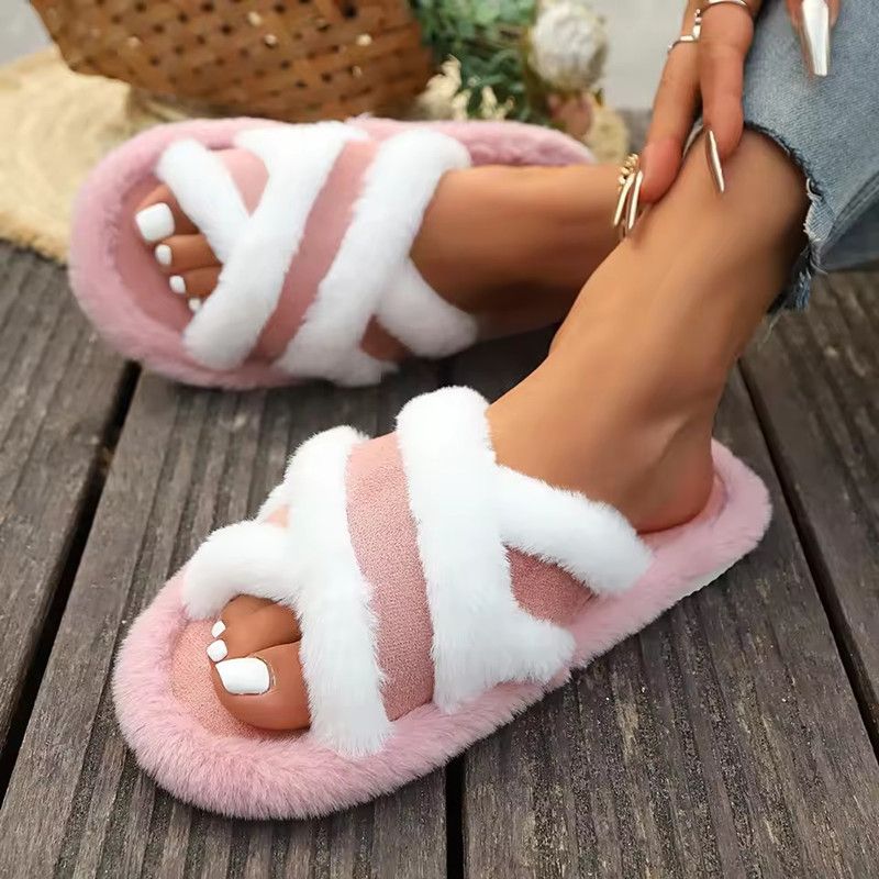 2026 New Furry Slippers Home Women's Fluffy Slides Autumn Winter Indoor Fashion EVA Light Cross Flip Flops Soft Flat Shoes Woman