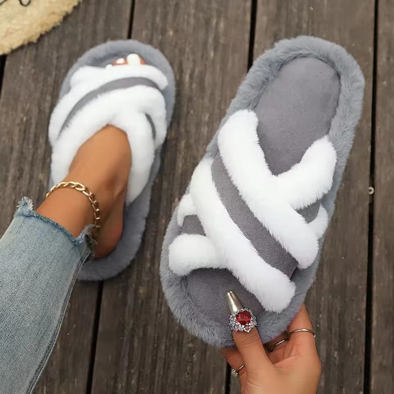 2026 New Furry Slippers Home Women's Fluffy Slides Autumn Winter Indoor Fashion EVA Light Cross Flip Flops Soft Flat Shoes Woman