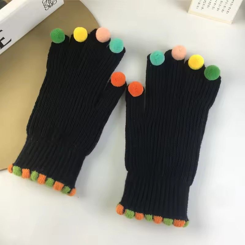 Fashion Fur Ball Knitted Gloves Winter Thick Women Split Finger Fingerless Touch Screen Warm Student Girls Christmas Gift