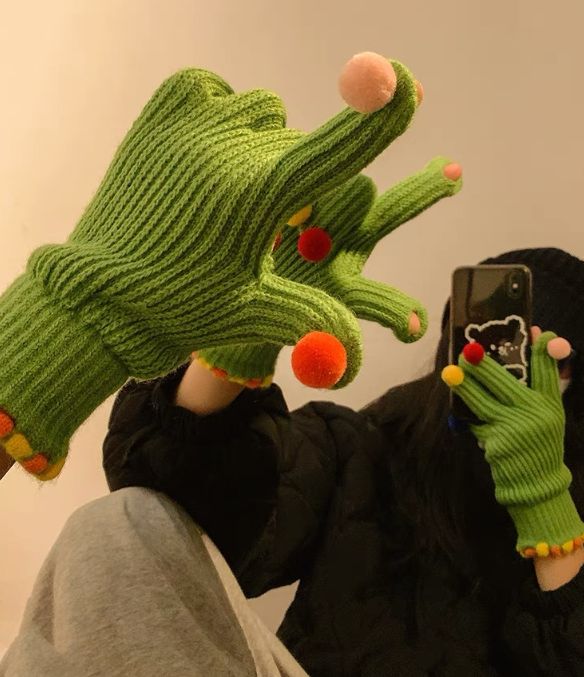 Fashion Fur Ball Knitted Gloves Winter Thick Women Split Finger Fingerless Touch Screen Warm Student Girls Christmas Gift