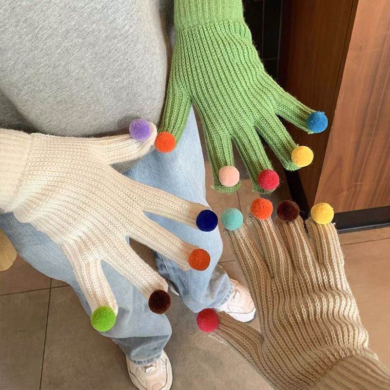 Fashion Fur Ball Knitted Gloves Winter Thick Women Split Finger Fingerless Touch Screen Warm Student Girls Christmas Gift