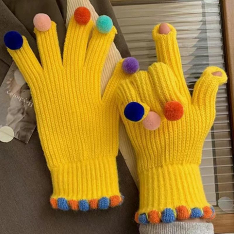 Fashion Fur Ball Knitted Gloves Winter Thick Women Split Finger Fingerless Touch Screen Warm Student Girls Christmas Gift