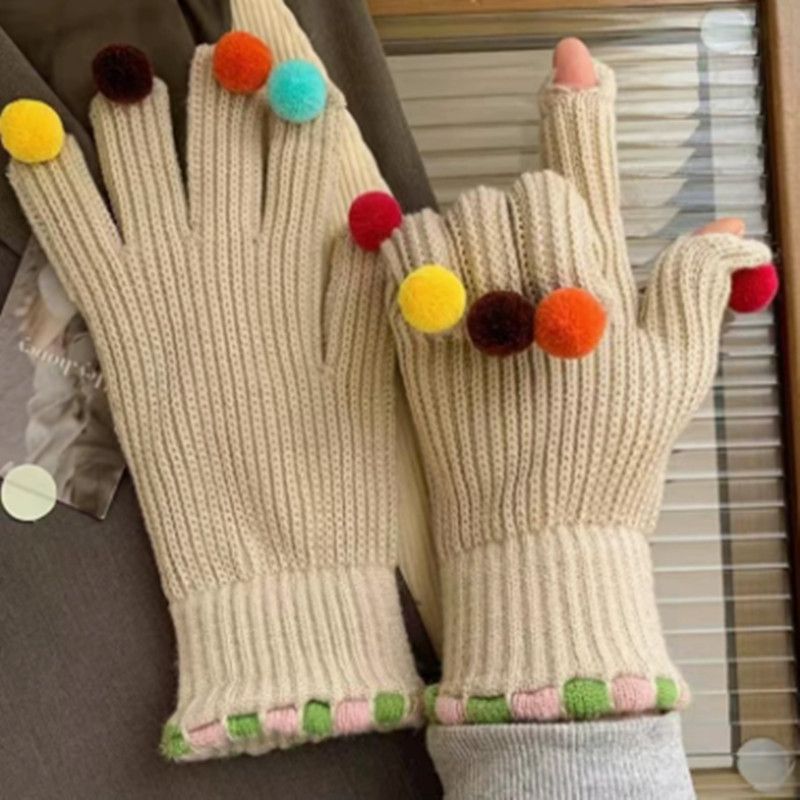 Fashion Fur Ball Knitted Gloves Winter Thick Women Split Finger Fingerless Touch Screen Warm Student Girls Christmas Gift