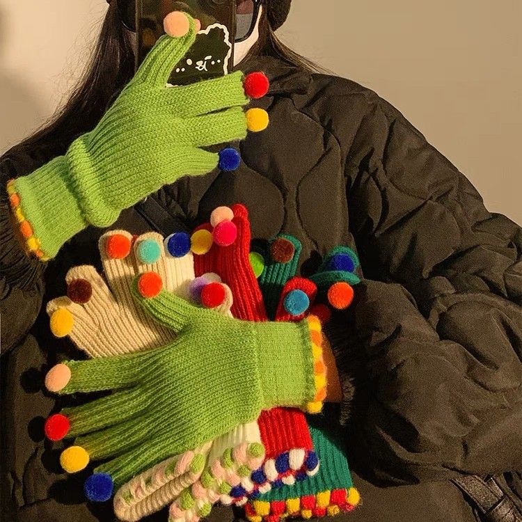 Fashion Fur Ball Knitted Gloves Winter Thick Women Split Finger Fingerless Touch Screen Warm Student Girls Christmas Gift