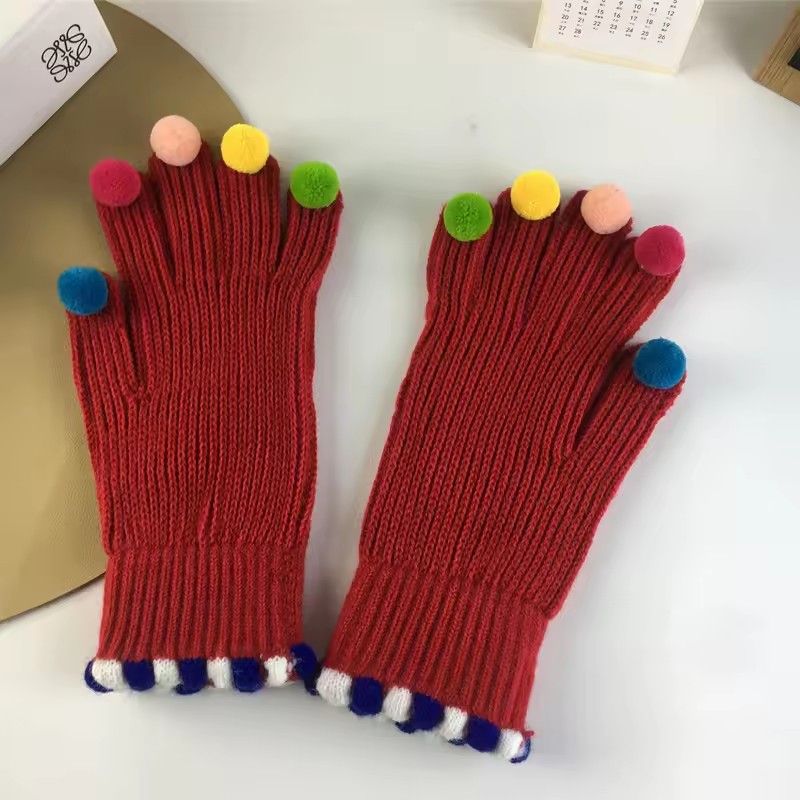 Fashion Fur Ball Knitted Gloves Winter Thick Women Split Finger Fingerless Touch Screen Warm Student Girls Christmas Gift