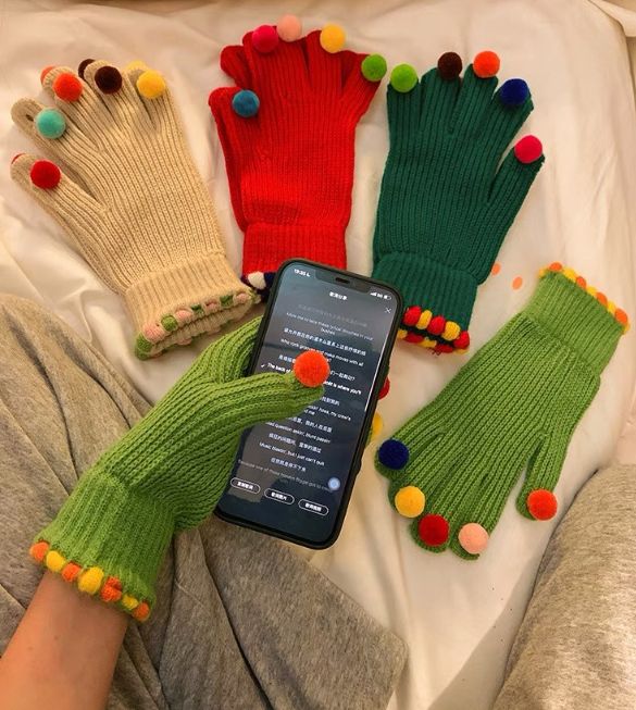 Fashion Fur Ball Knitted Gloves Winter Thick Women Split Finger Fingerless Touch Screen Warm Student Girls Christmas Gift