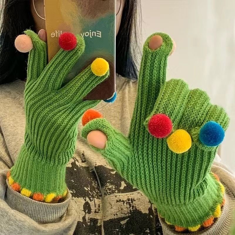 Fashion Fur Ball Knitted Gloves Winter Thick Women Split Finger Fingerless Touch Screen Warm Student Girls Christmas Gift
