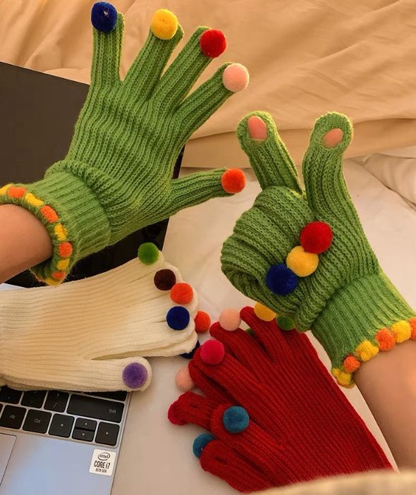 Fashion Fur Ball Knitted Gloves Winter Thick Women Split Finger Fingerless Touch Screen Warm Student Girls Christmas Gift