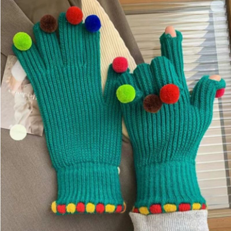 Fashion Fur Ball Knitted Gloves Winter Thick Women Split Finger Fingerless Touch Screen Warm Student Girls Christmas Gift