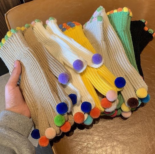 Fashion Fur Ball Knitted Gloves Winter Thick Women Split Finger Fingerless Touch Screen Warm Student Girls Christmas Gift